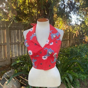 Vintage 70s &quot;Kangaroo&quot; Halter Crop Top Red Blue Floral Polka Dot Gingham Print Neck and Back Tie One Size Fits Most