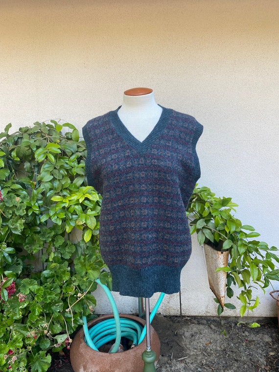 Chaps Ralph Lauren, 90s Chaps Ralph Lauren Sweater Shetland Wool Vest Dark Gray Burgundy Sleeveless Sweater Women M Men Small