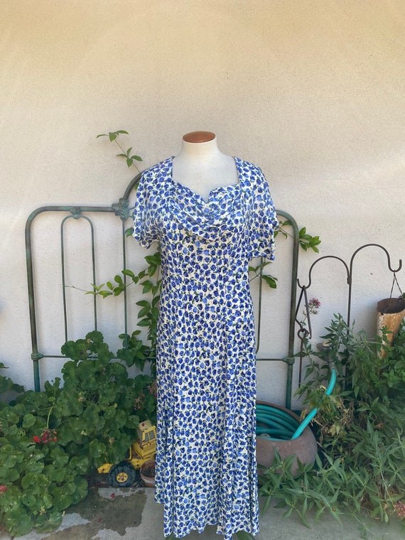 Vintage Blue Floral Maxi Dress // Draped Cowl Nec… - image 3