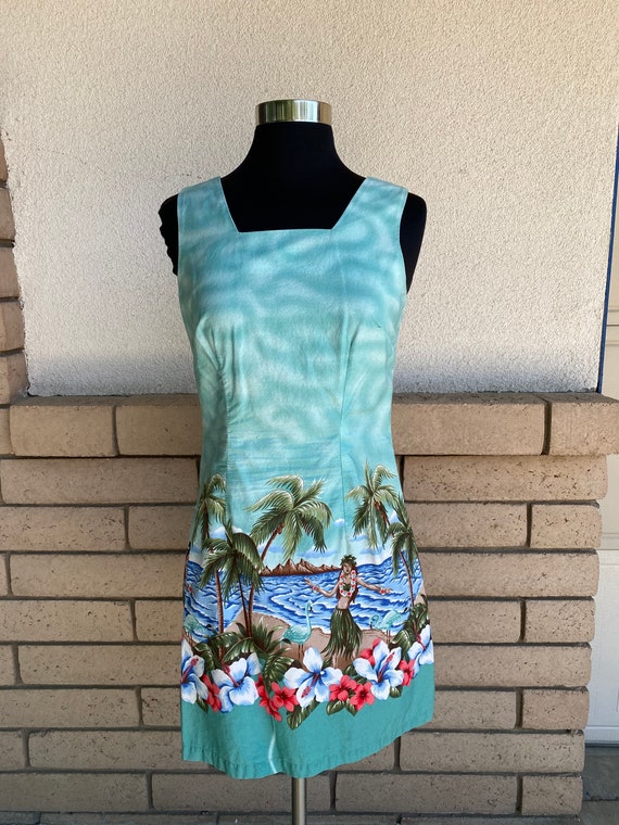 Vtg Hawaiian Mini Dress Hula Girl Sun Dress Cotto… - image 5