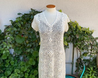 Vintage 70s Crochet Dress Natural Cotton Sheer Boho Sleeveless Coverup