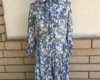 SALE Vintage 50s Blue Floral Fit and Flare Dress w/Ascot Neck Sheer Button Up Dress Size Small