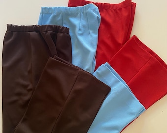 Vintage 60s 70s Flare Leg Pants Pull On Polyester High Rise Trousers No Pockets Women Elastic Waist Brown 25 Blue 27 Red 30