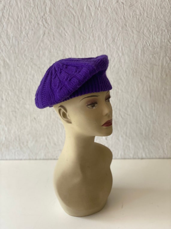 70s Purple Beret Tam Hat Cable Knit Design Men Wo… - image 1