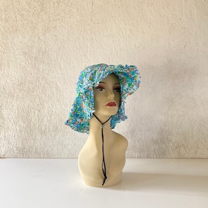 Floral Floppy Hat // Vintage 1970&#39;s Handmade Cotton Ruffled Gardening Hat Women XS-S