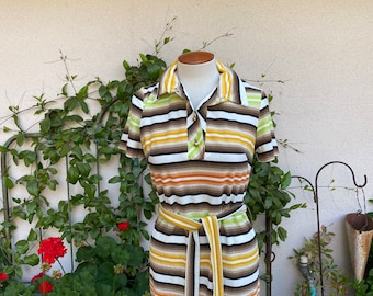 70s Striped Terry Cloth Tunic Yellow Green Orange Brown Tapered Belted Boho Coverup Size Small