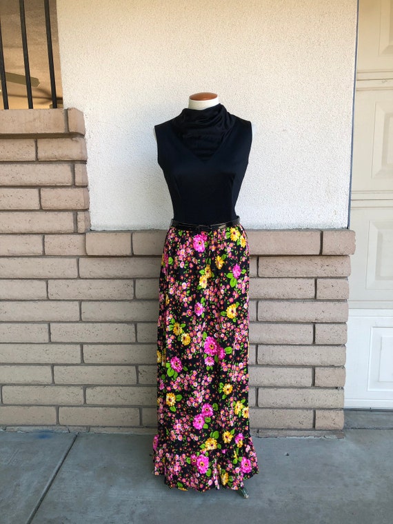 Vintage 70s Floral Maxi Dress Black Pink Yellow C… - image 3