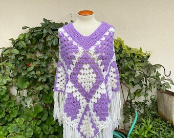 Vintage 70s Knit Poncho Granny Square Lavender Purple Fringed Long Cape OSFM