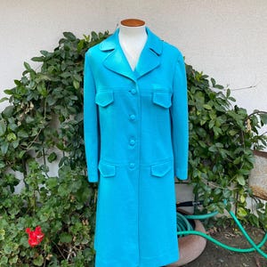 Vintage 60s Butte Knit Dress Coat Wool Blend Blue Teal Button Up Size S-M