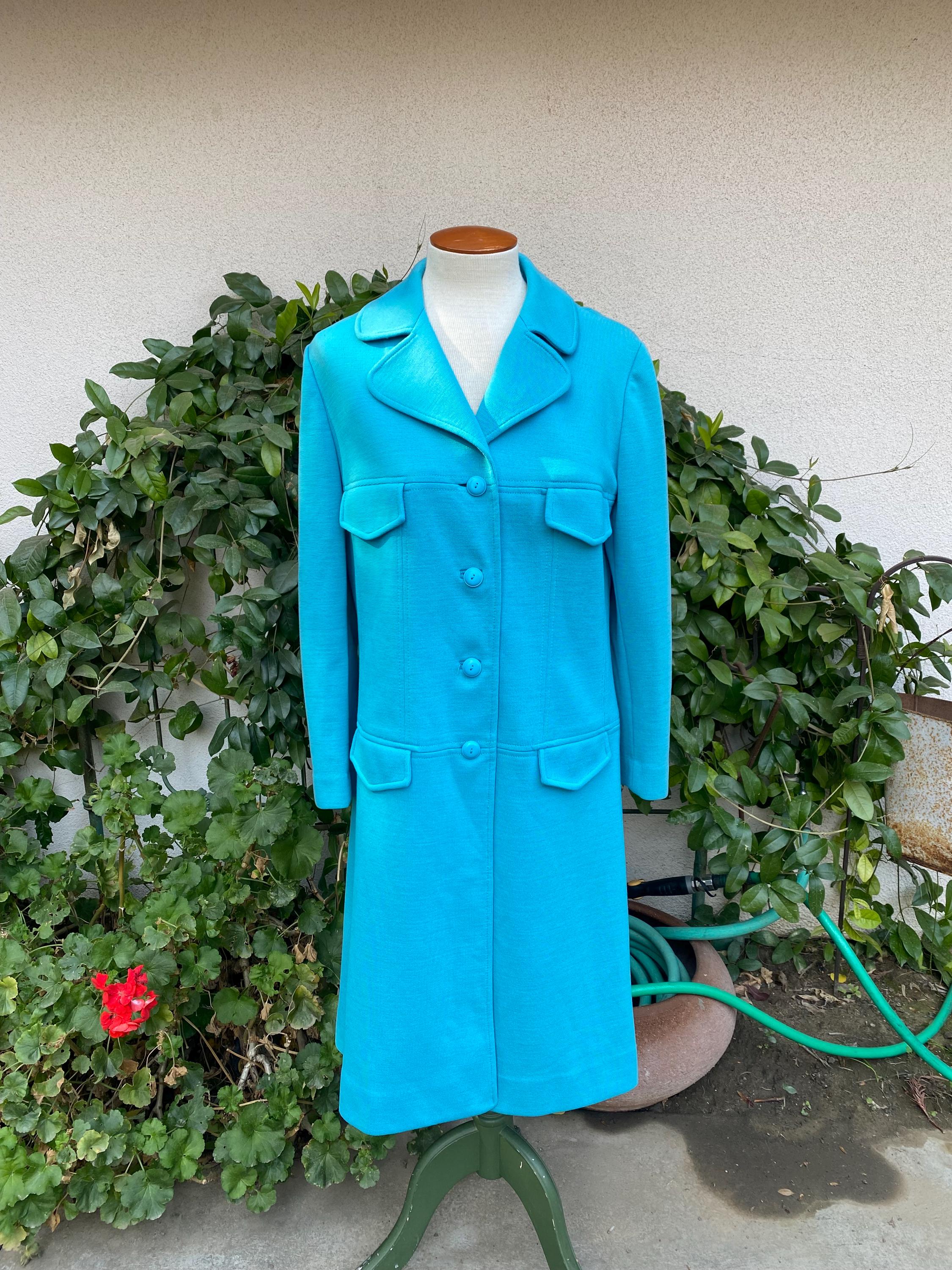 Vintage 60s Butte Knit Dress Coat Wool Blend Blue Teal Button up  display picture 1