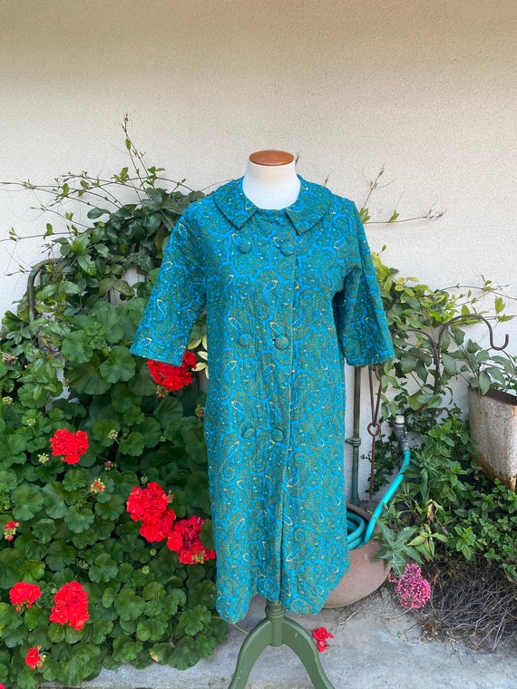 Vintage 60s Blue Green Paisley Quilted Robe Mod Bu