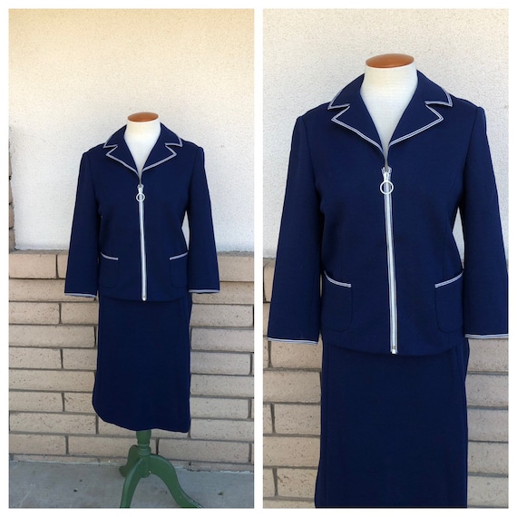 60s Navy Blue Wool Skirt Suit Zip Front Top Flare… - image 1