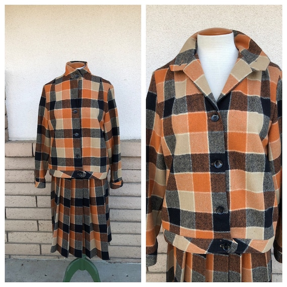 Vintage 50s Plaid Wool Skirt Suit Burnt Orange Lar