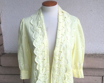 Yellow Eyelet Lace Jacket Vintage 1980's Open Front Top w/Puffy Sleeves Size Medium