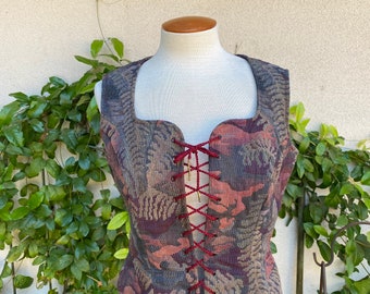 Vintage Corset Renaissance Style Tapestry Vest Top Burgundy Lace Up Medieval Oktoberfest Shirt Adjustable XS-M