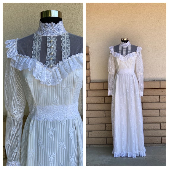 Vintage 70s Gunne Sax Style Wedding Dress with Le… - image 1