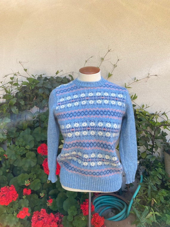 80s Pastel Wool Sweater Blue Pink Vintage Pullove… - image 1