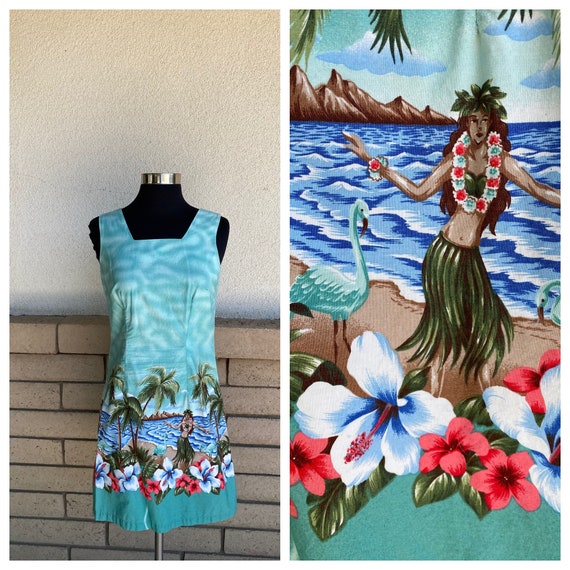 Vtg Hawaiian Mini Dress Hula Girl Sun Dress Cotto… - image 1