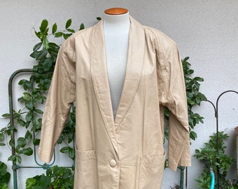 Vintage 90s Natural Leather Blazer Jacket Soft Shawl Collar Long Tunic Style Coat Shoulder Pads Leathers by Tibor Women Size 12