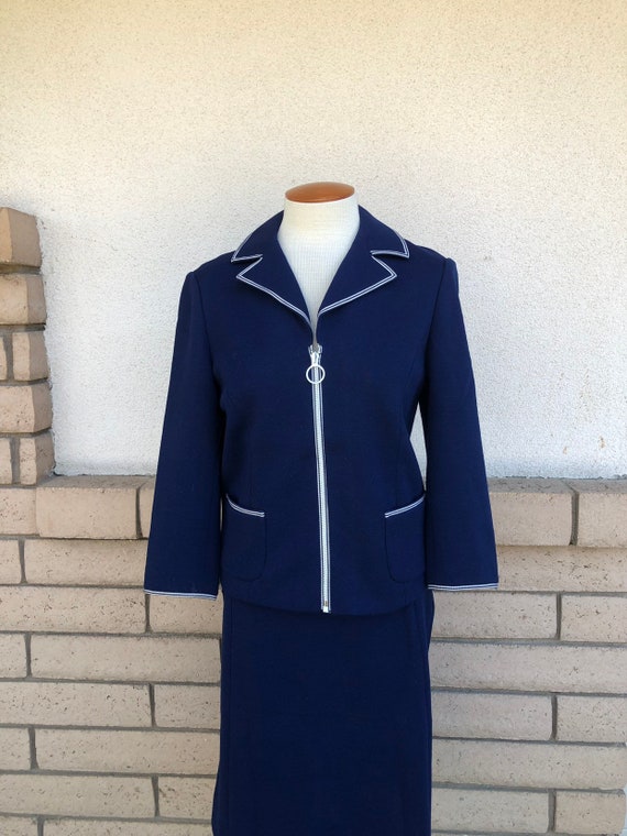 60s Navy Blue Wool Skirt Suit Zip Front Top Flare… - image 4