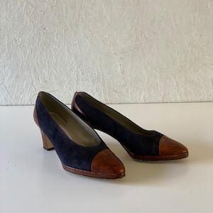 80s Liz Claiborne Suede Leather Reptile Pumps Black Brown Contrast Color Block Chunky Heels Low Wedge Size 6 M
