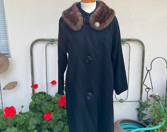 Vintage 60s Black Cashmere Coat with Fur Collar + Rhinestone Button Size M-L