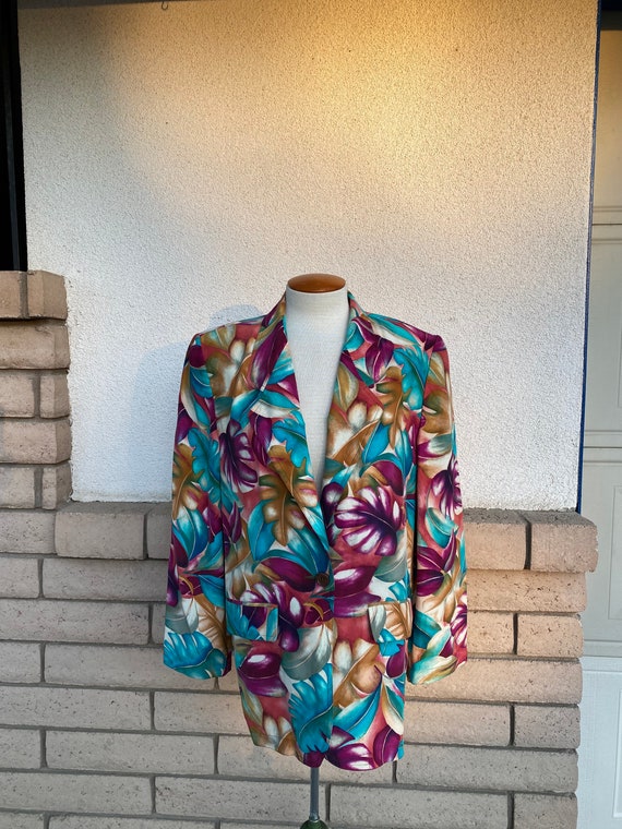ジャケット・アウター 90s vintage Silk Floral Pattern Jacket L Vintage 90s Silk Jacket Deadstock Cranberry Turquoise Botanical