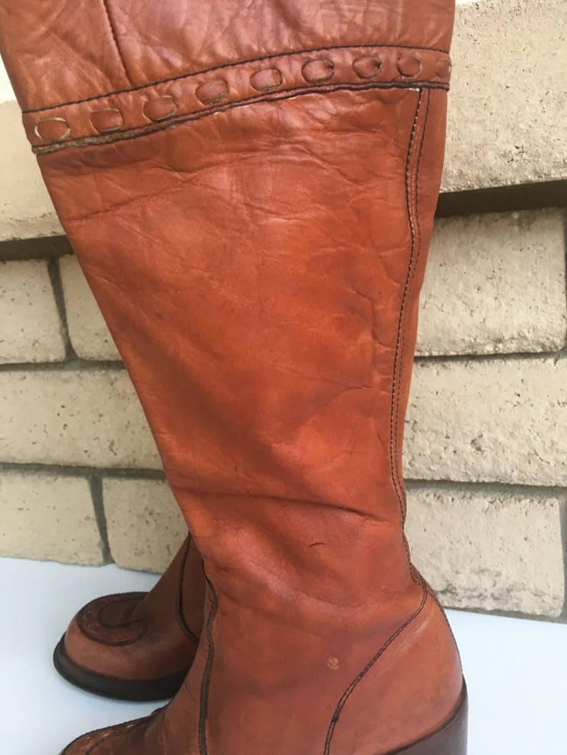 Vintage 70s Rust Woven Leather Knee High Boots Made in Uruguay Size 7 1/2 B image 4