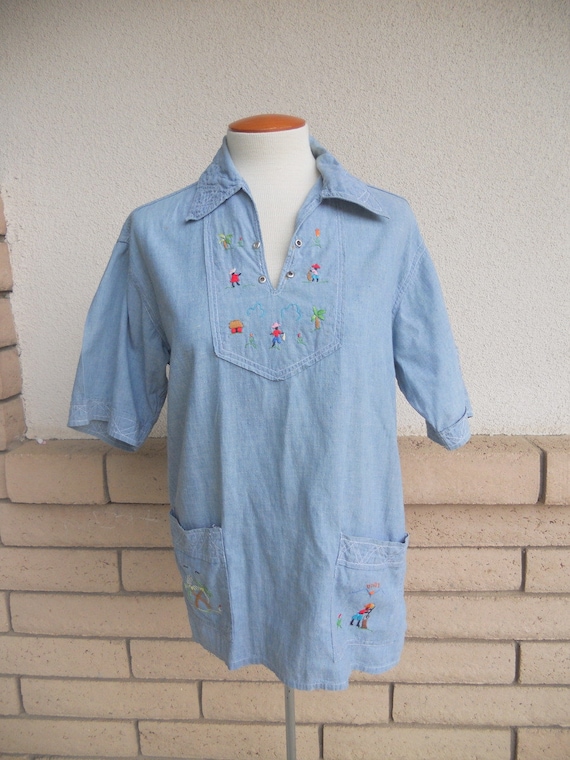 70s Smock Top Embroidered Chambray Hippie Shirt M… - image 1