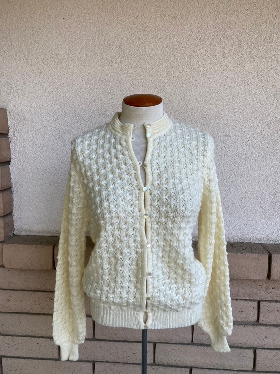 70s Ivory Popcorn Cardigan Sweater // Catalina Wool Blend Button Up Sweater Size Small