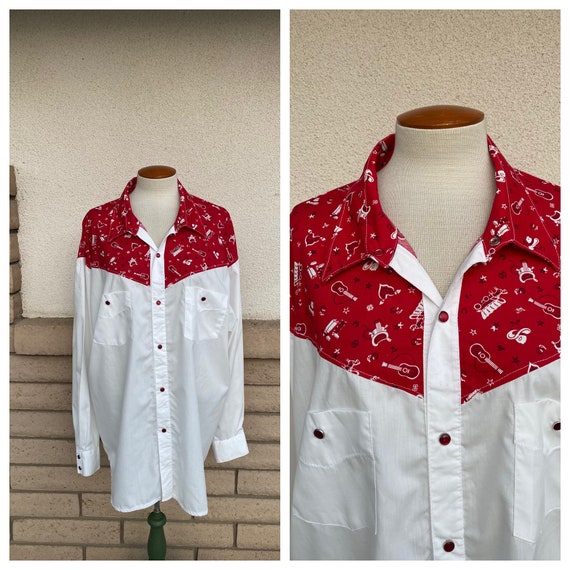 80s Red Western Shirt Cowboy Theme Print Pearl Snap Shirt Red White Colorblock  Snap up Shirt Size 4XL-5XL -  Israel