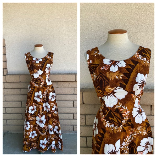 Vintage 70s Hawaiian Dress Maxi Tiki Dress Brown Hibiscus Print Cotton Barkcloth by Royal Hawaiian Size XS-S