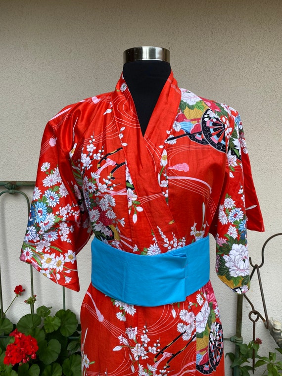Vintage Red Floral Cotton Japanese Kimono // Full… - image 2