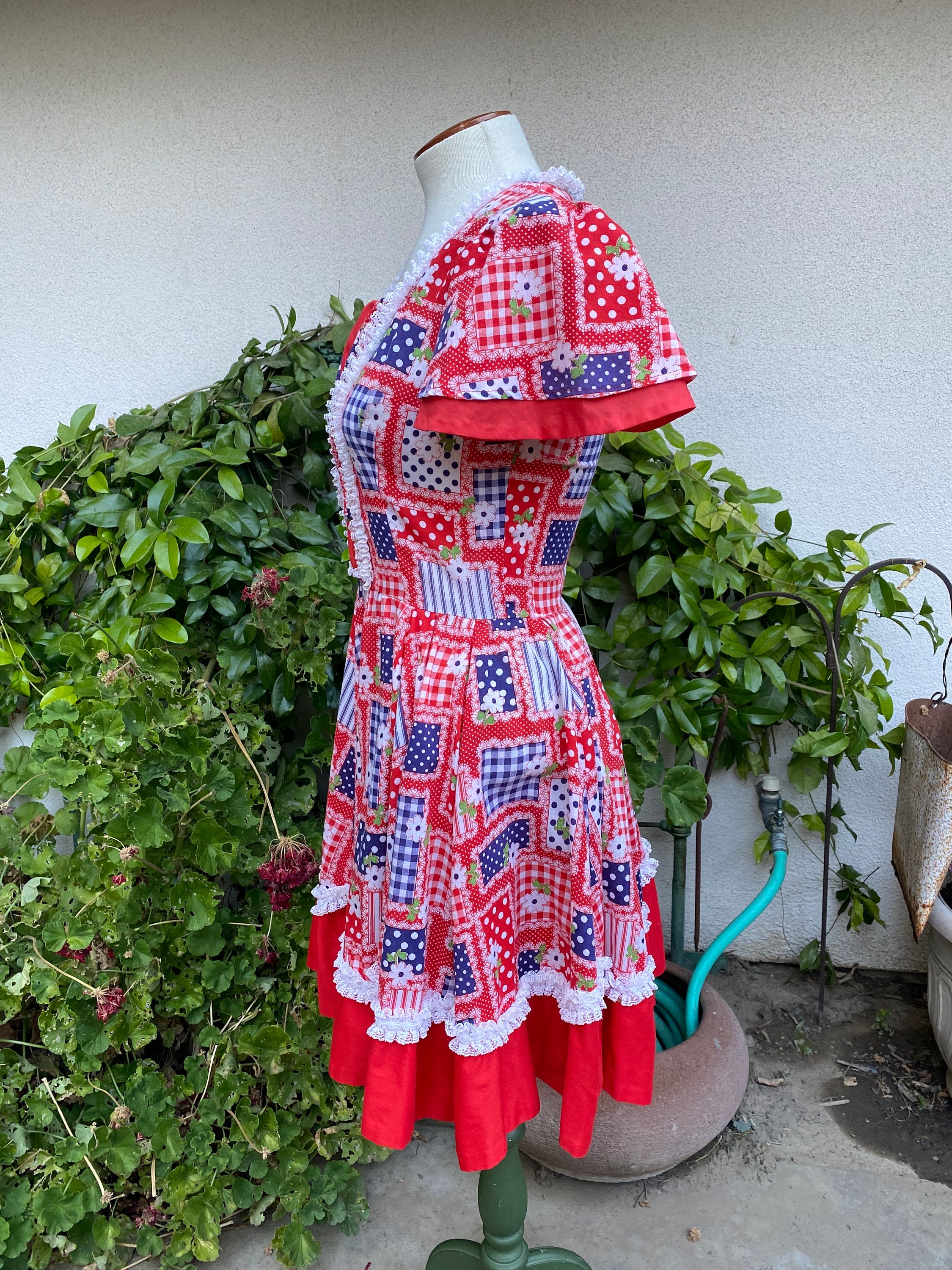 Vintage 70s Floral Patchwork Mini Dress Country Square Dancing