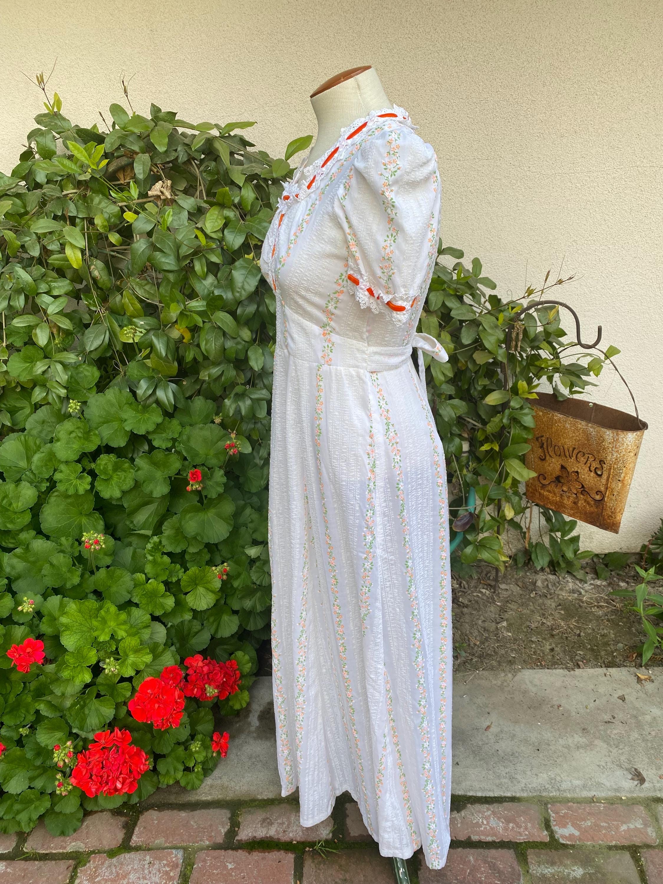 Vintage 70s Peasant Maxi Dress Empire Waist White Orange Flocked