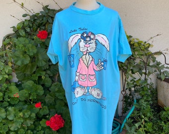 Vintage 80s "I Don't Do Mornings" Sleep Shirt One Size Lake Tahoe Rabbit Puff Paint Coffee T Shirt Dress