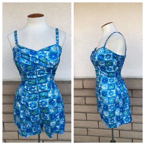 Vintage 50s 60s Catalina Swimsuit Blue Green Flora