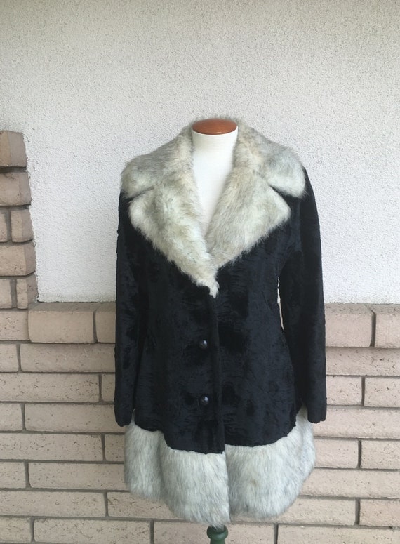 Vintage 60s 70s Faux Fur Coat Black + Gray Vegan … - image 1