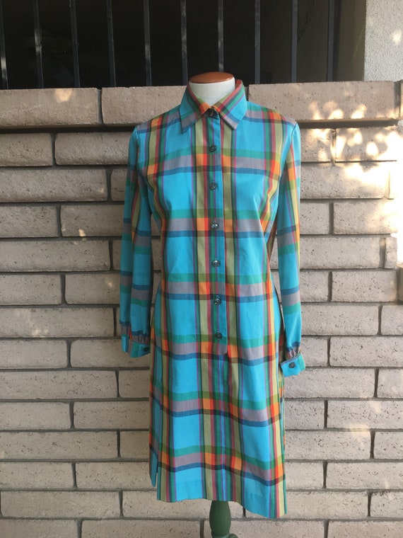 60s 70s Plaid Dress Turquoise Orange Checked Butt… - image 1