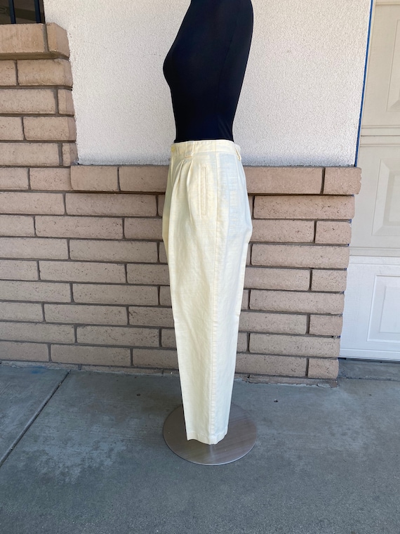 Vintage 90s Pale Yellow Linen Trousers Pleated Ta… - image 4