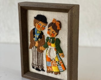 Vintage Framed Crewel Embroidered Couple Picture Wall Hanging or Stand Alone 6x8