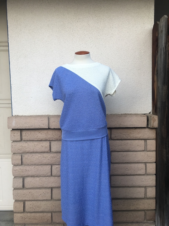 70s Boucle Knit Lavender White Color block Dress 2 Piece Skirt + Top Set Three Flaggs M-L