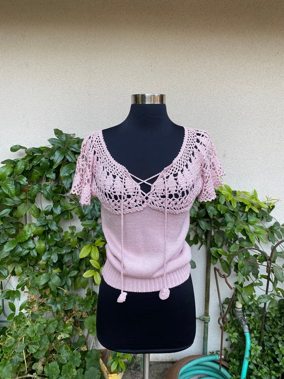 70s Rose Crochet Top Corset Open Weave Flippy Slee