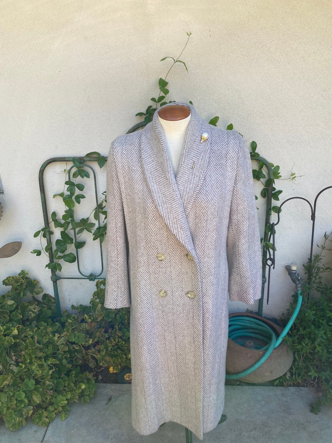 80s Taupe Striped Wool Coat Full Length Shawl Collar Double Breasted