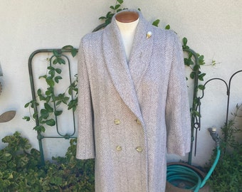 80s Taupe Striped Wool Coat Full Length Shawl Collar Double Breasted Winter Overcoat by Pavilion Size Medium Petite