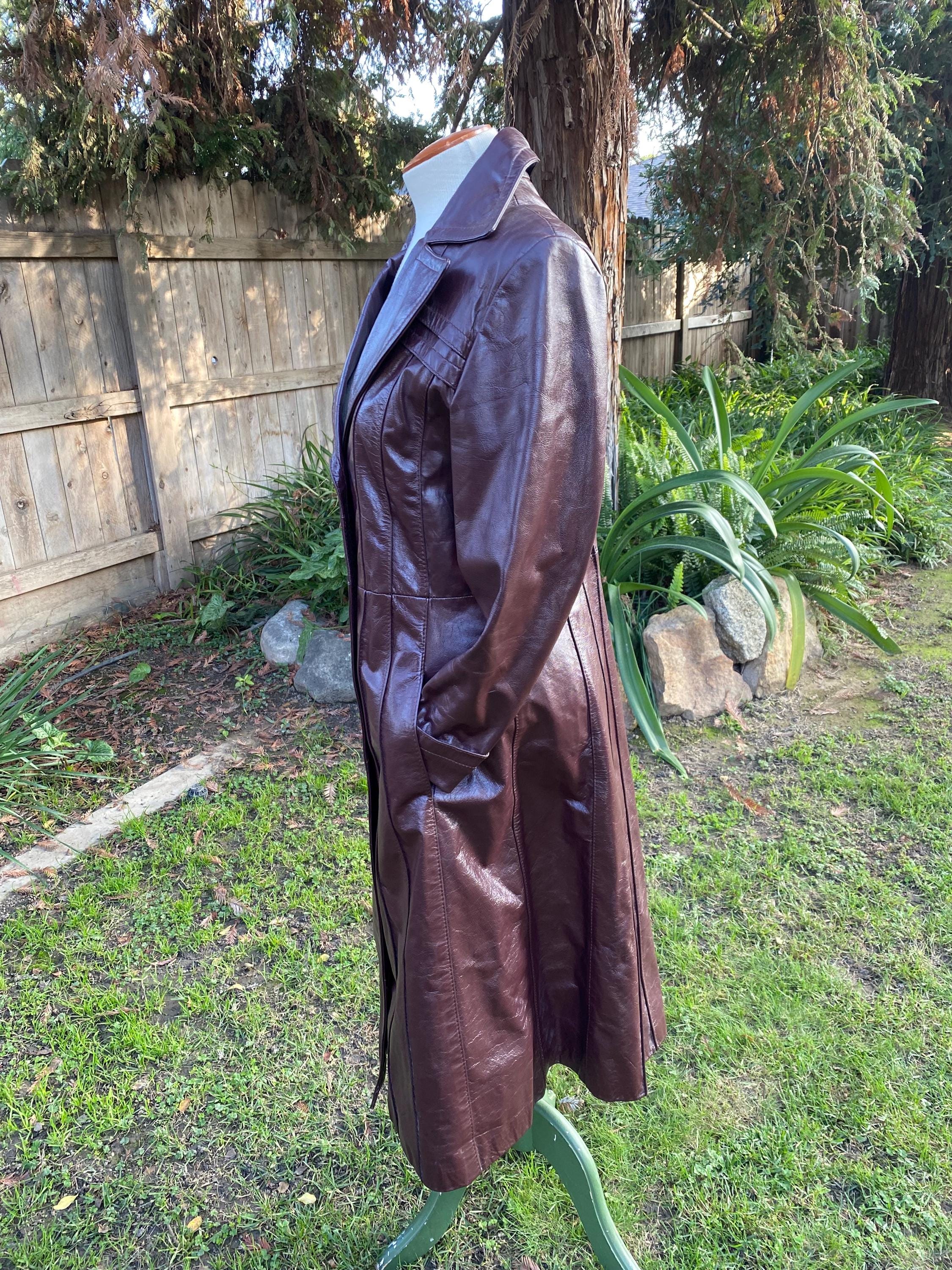 Vintage 70s Wilsons Fitted Leather Trench Coat With Pintuck Pleats