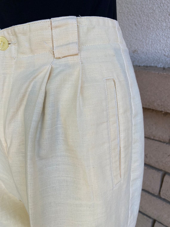 Vintage 90s Pale Yellow Linen Trousers Pleated Ta… - image 3