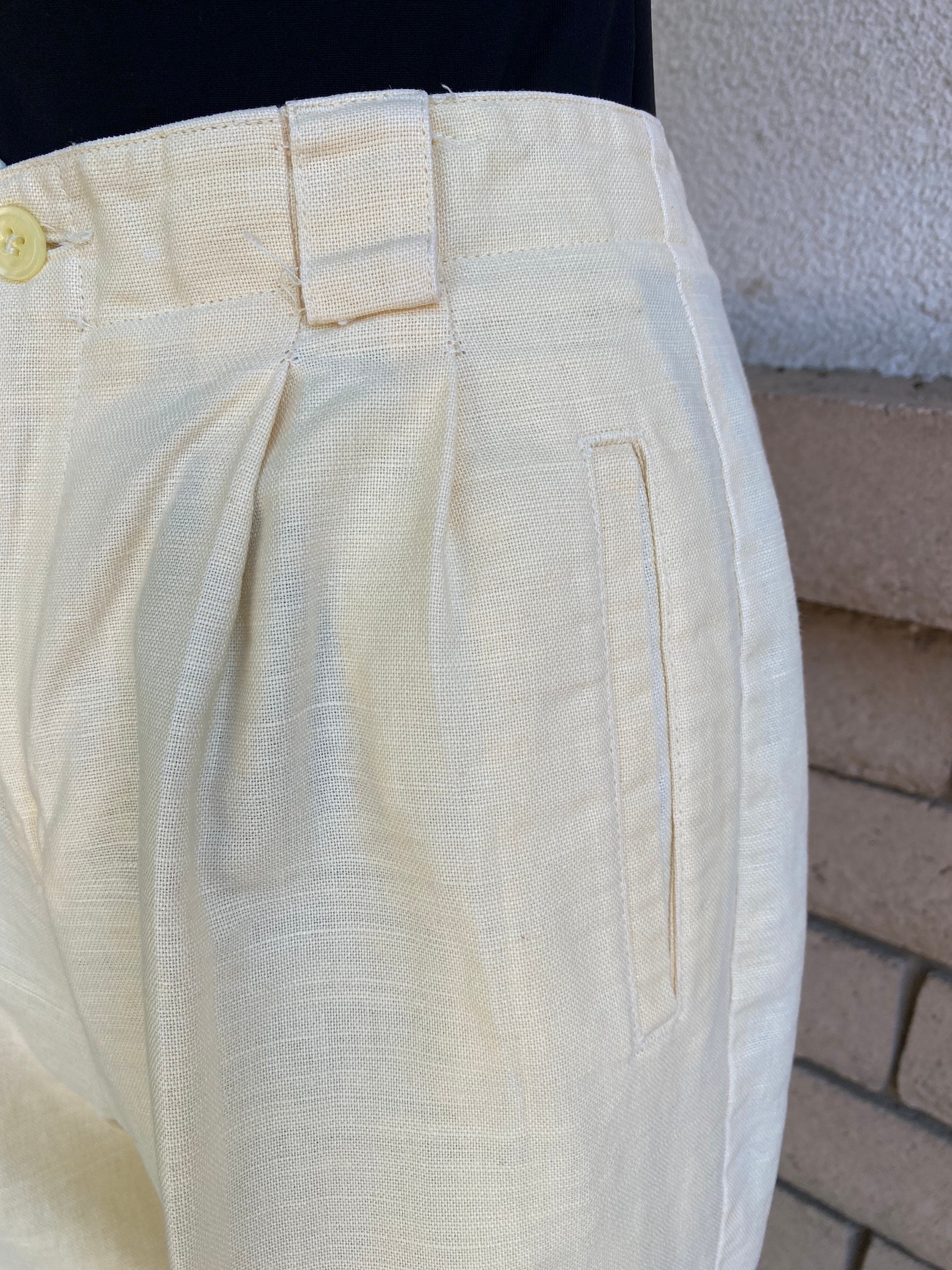 Vintage 90s Pale Yellow Linen Trousers Pleated Tapered High Vintage 90s Pale Yellow Linen Trousers Pleated Tapered High