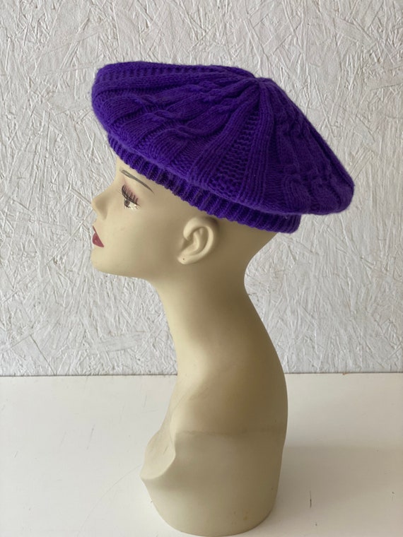 70s Purple Beret Tam Hat Cable Knit Design Men Wo… - image 3