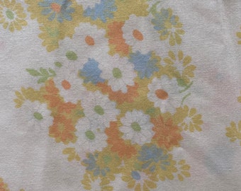 Vintage 70s 80s Floral Flat Twin Sheet Yellow Orange Blue Green Flower Print Fabric Material 66 x 94